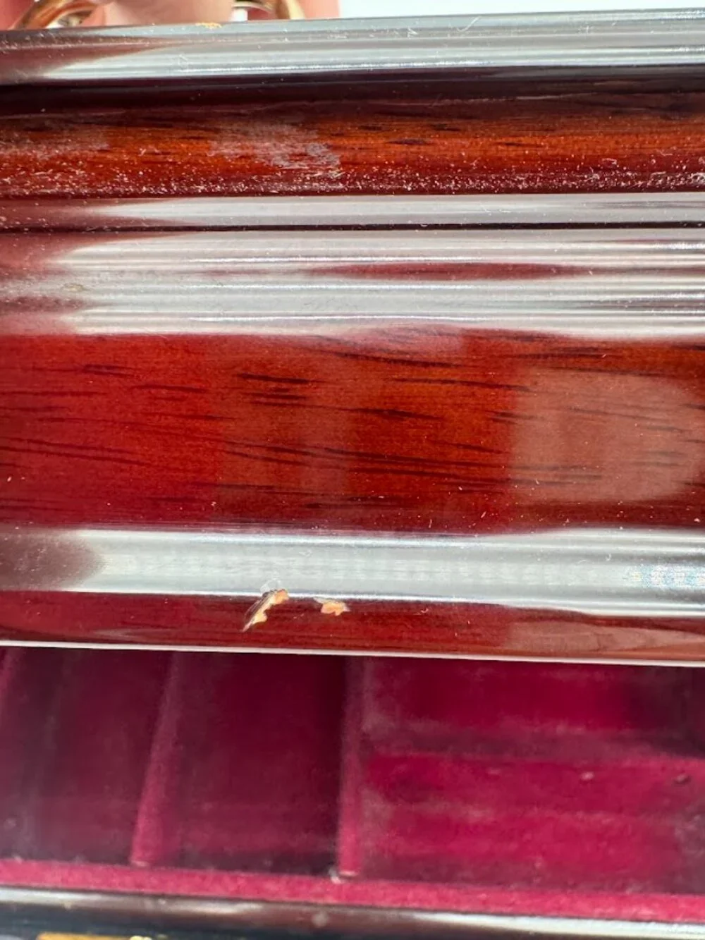 Vintage Mahogany Lacquer Jewelry Box Brass Lock Keys Velvet Lined 12in